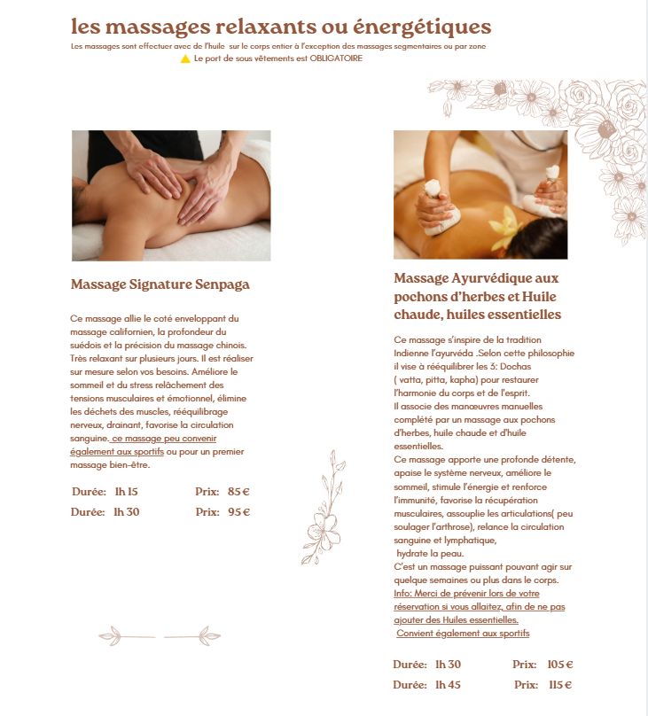 les massages relaxant anti stress et massage ayurvédique énergétique 