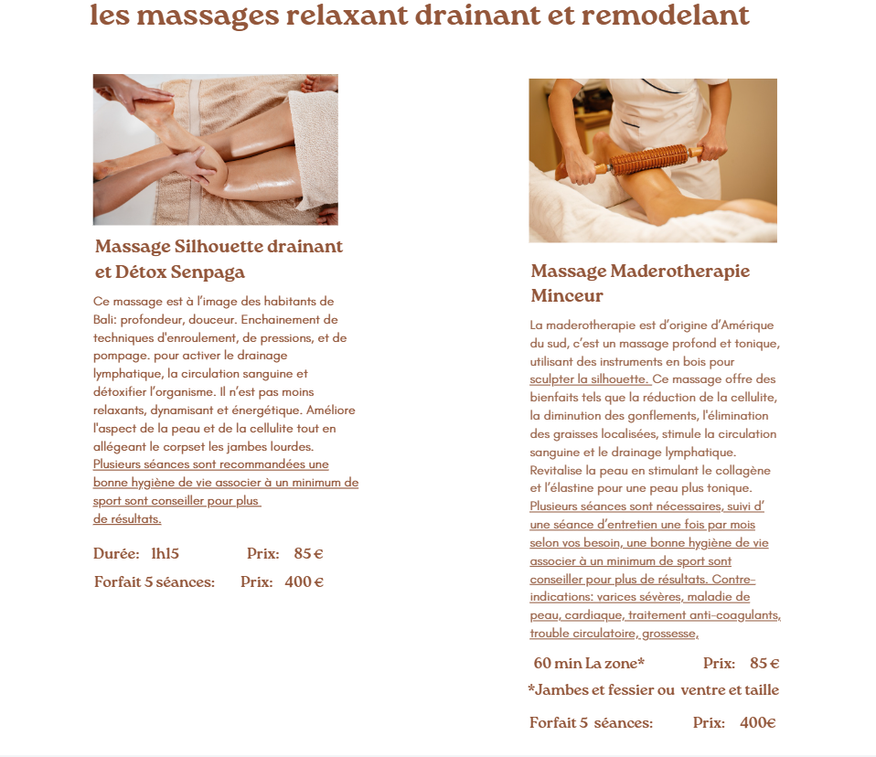 les massages drainant, remodelant, detox et maderotherapie